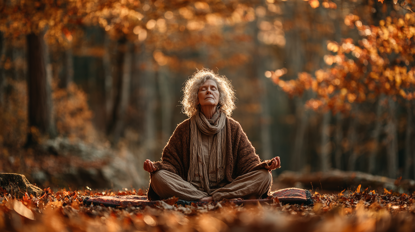 Група възрастни хора практикуват йога в спокойна атмосфера